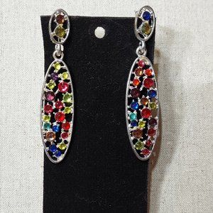 Earrings- rainbow rhinestone confetti oval 3" drops